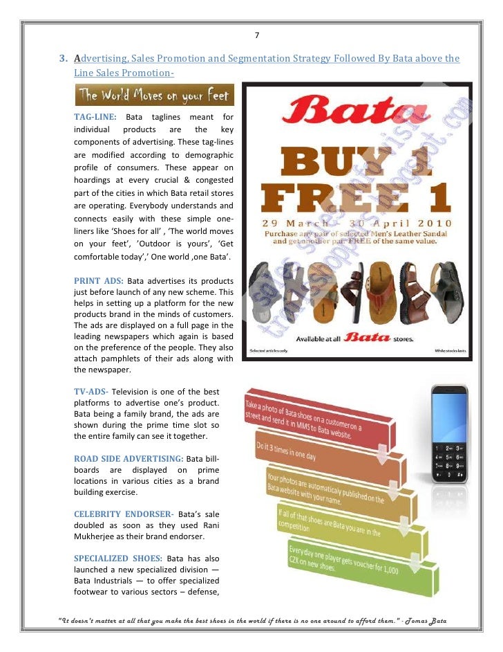 73. Advertising, Sales Promotion and Segmentation Strategy Followed By Bata above the   Line Sales Promotion-     TAG-LINE...