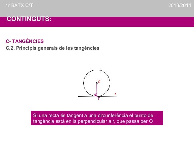 1r BATX C/T

2013/2014

CONTINGUTS:
C- TANGÈNCIES
C.2. Principis generals de les tangències

Si una recta és tangent a una...