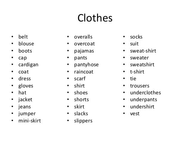 Clothing List Vocabulary Beginner Vocabulary Clothes