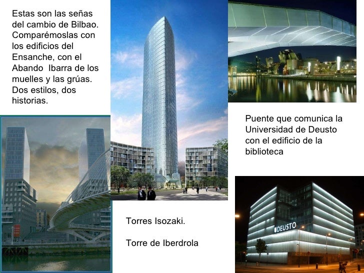 Estas son las señas del cambio de Bilbao. Comparémoslas con los edificios del Ensanche, con el Abando  Ibarra de los muell...