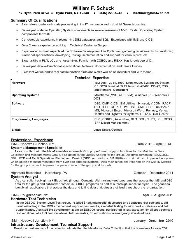 mainframe developer resume exles bill schuck mainframe programmer 2013 resume mainframe developer resume exles bill schuck mainframe programmer 2013 resume