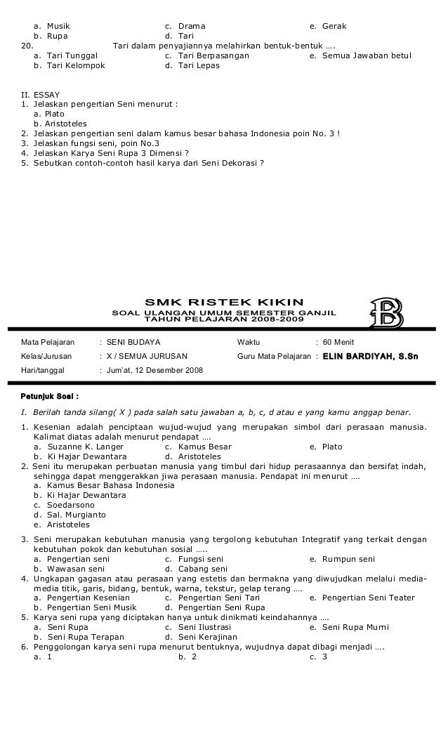 Contoh Soal Essay Seni Musik Dan Jawabannya Sketsa