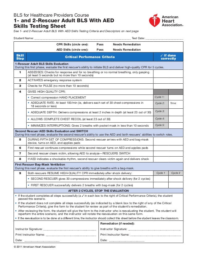 Bls 1 And 2 Rescuer Adult Cpr And Aed Skills Test Sheet 2010 Guidelines
