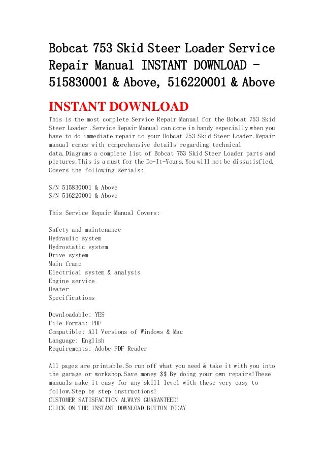 Bobcat 753 Skid Steer Loader Service Repair Manual Instant