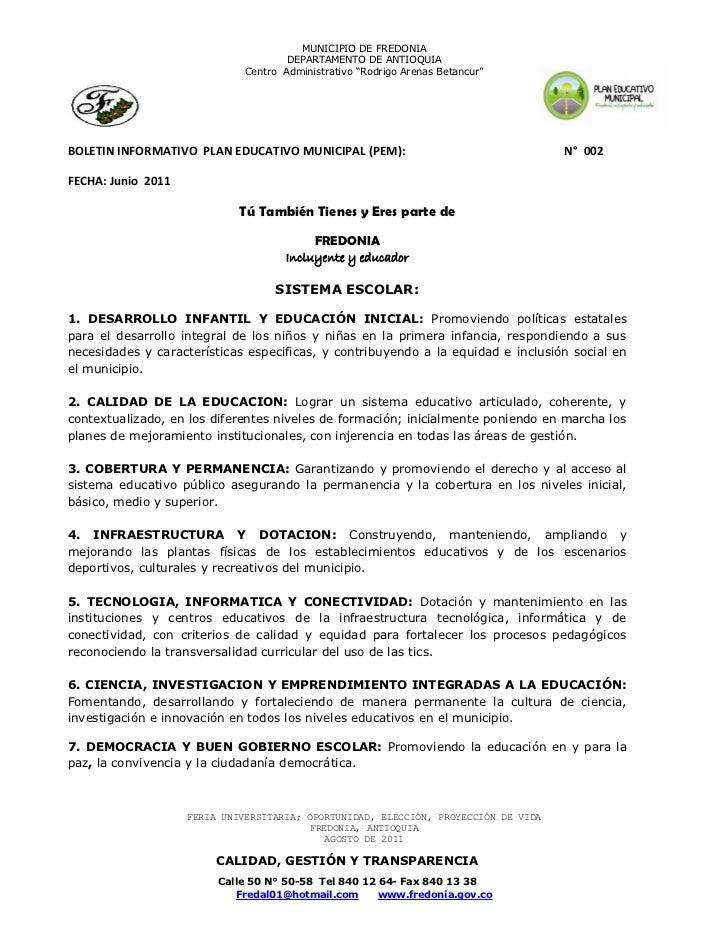 Boletin informativo plan educativo municipal no. 2 Boletin informativo plan educativo municipal no. 2