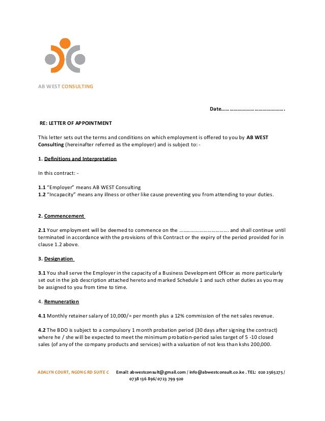 appointment letter clauses ab west sales team employment contract appointment letter clauses ab west sales team employment contract