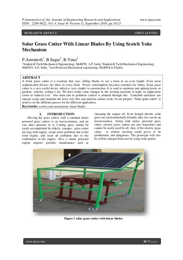 Solar Grass Cutter With Linear Blades By Using Scotch Yoke Mechanism