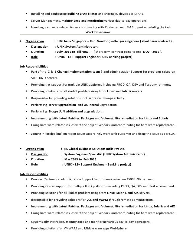 Infrastructure engineer solaris veritas resume