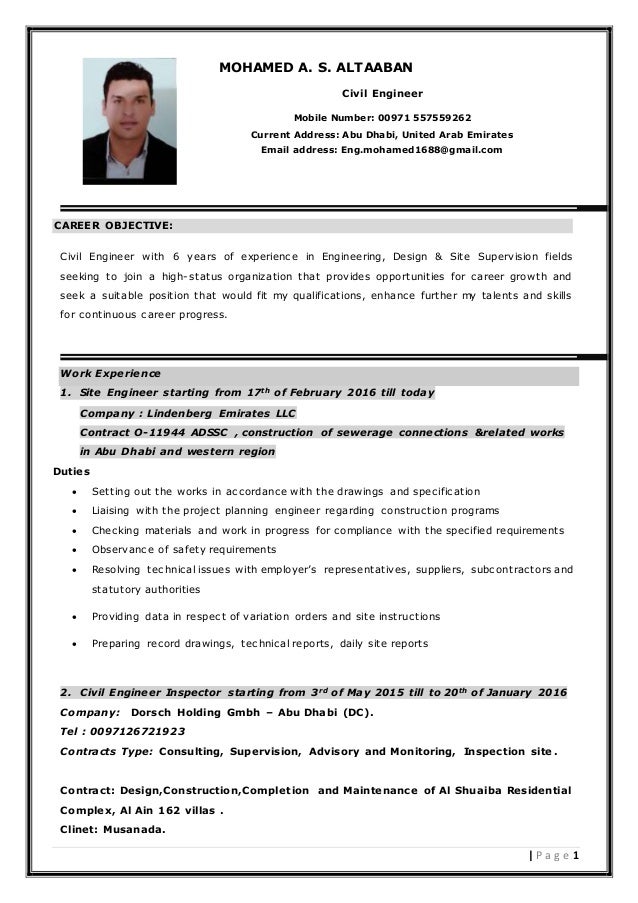 mohamed cv civil engineer cv for civil site engineer