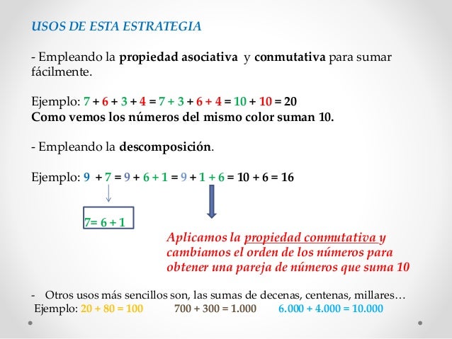 USOS DE ESTA ESTRATEGIA
- Empleando la propiedad asociativa y conmutativa para sumar
fácilmente.
Ejemplo: 7 + 6 + 3 + 4 = ...