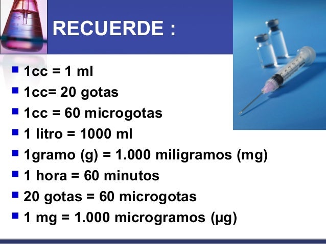 RECUERDE :
1cc = 1 ml
1cc= 20 gotas
1cc = 60 microgotas
1 litro = 1000 ml
1gramo (g) = 1.000 miligramos (mg)
1...