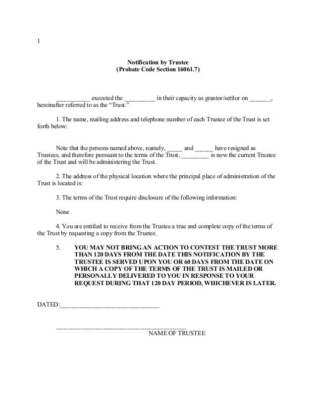 California trustee notification pursuant to probate code section 16061
