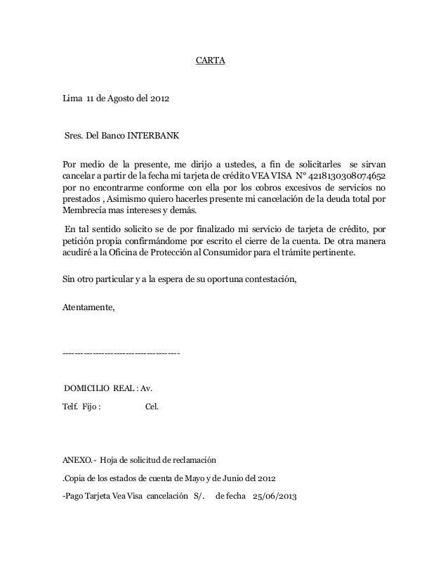 Carta de cancelacion de tarjeta de credito Carta de cancelacion de tarjeta de credito
