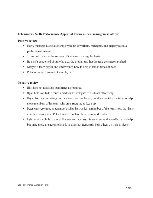 Cash Management Skills Job Performance Evaluation Form Page 10; 11. 6.Teamwork Skills Performance Appraisal Phrases  cash management ...