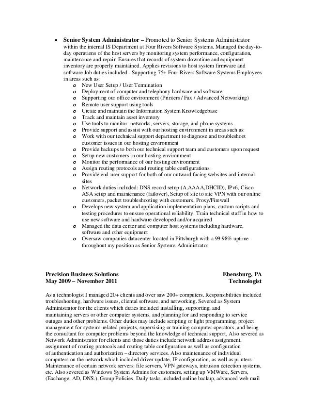 senior system administrator resume samples