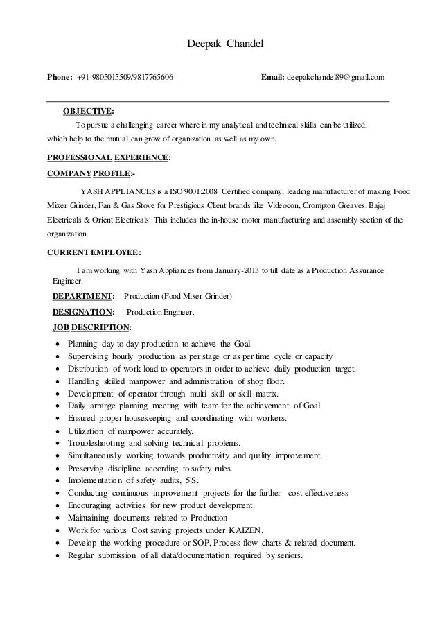 resume production engineer