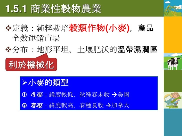 商業性穀物農業的分布
   加拿大及美國    歐洲大平原
   中西部平原              中國華北




               印度恆河
               上游


      阿根廷
      彭巴草原
 