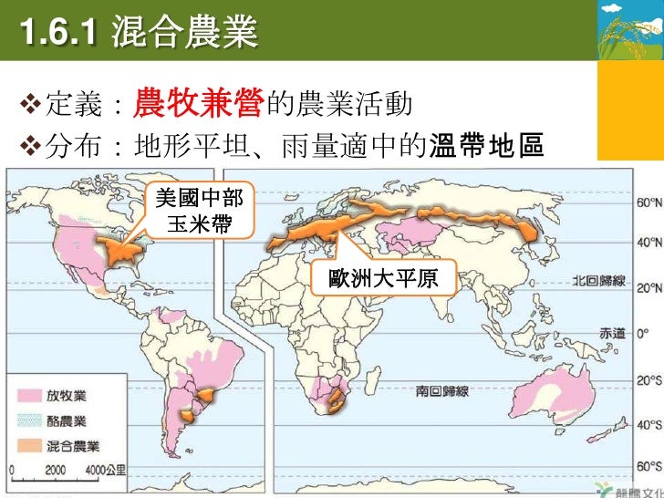 1.6.1 混合農業
特色：
  農場劃分成數區輪耕
  作物與牲畜皆為收入來源，但以賣牲畜為主

活動形式：
 