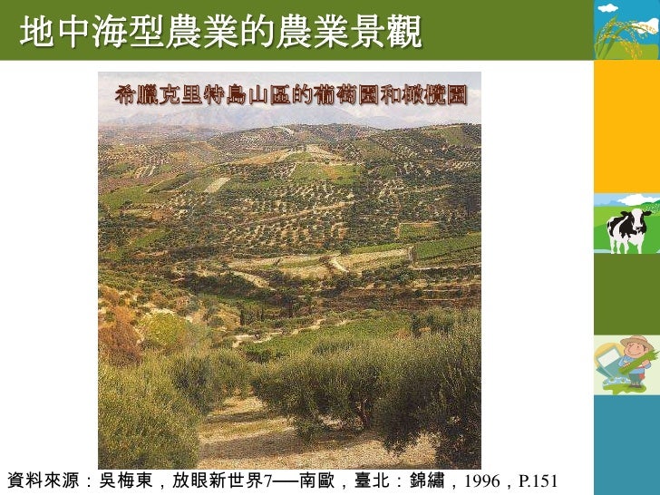 傳統地中海型農業的土地利用
由河谷到山區的土地利用方式：
 穀物果樹畜牧

冬季:種穀物(小麥)
             夏季:種耐旱果樹




夏季:山牧季移
 