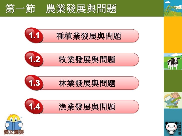 1.1 種植業發展及其問題
  1. 發展：
        以穀類(糧食作物)最為重要
           稻米                                    小麥                         ...