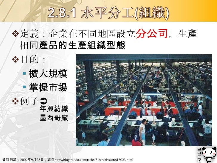 泰勒化 生產線上的專業化控制品質、提升效率
產程   機械化 用機器替代勞力提升效率、減少勞力支出
     自動化 用電腦控制機器提升效率、減少勞力支出
     標準化 廠商生產型式一致的產品降低成本、品管
產品   規格化 不同廠...