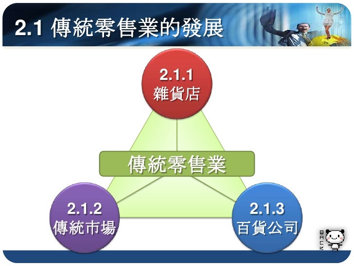 2.1.3 百貨公司
             百貨公司

   •將各種高級商品集中於同一營業單位販售，屬
    於較高級的零售業
形成
   •經濟發展，所得提高，對提高生活品質商品或
    是炫耀性商品需求增多
   •最高等級的傳統...