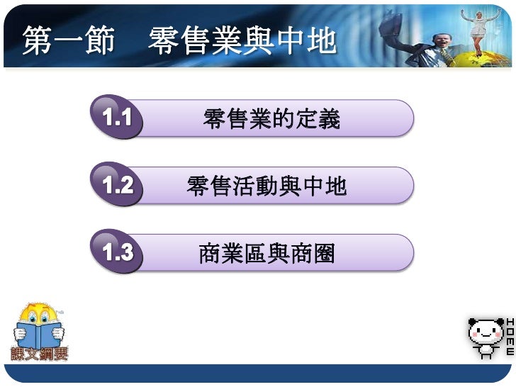 第一節 零售業與中地

     零售業的定義

     零售活動與中地

     商業區與商圈
 