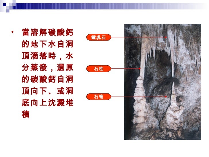鐘乳石 石筍 石柱 <ul><li>當溶解碳酸鈣的地下水自洞頂滴落時，水分蒸發，還原的碳酸鈣自洞頂向下、或洞底向上沈澱堆積 </li></ul>