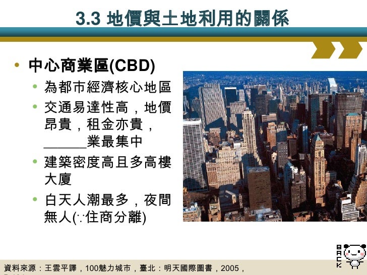 3.4 都市的內部結構
• 根據都市內部____________的機能分區
• 同心圓模式:通常與都市地價高低有關
• 扇形模式:與區域間的相容性與相斥性有關
• 多核心模式:與歷史發展過程中出現多個核心有關