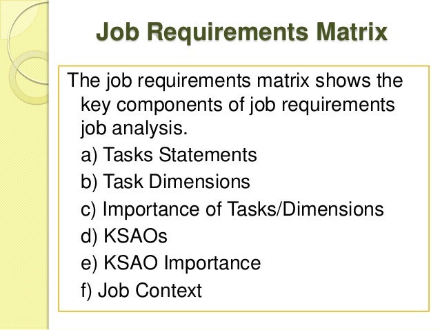 job description matrix Job requirement matrix (jrm) task specific tasks task dimension importance ( % time spent) nature ksaos importance to tasks ( 1 ± 5 ratings ) 1. job description matrix Job requirement matrix (jrm) task specific tasks task dimension importance ( % time spent) nature ksaos importance to tasks ( 1 ± 5 ratings ) 1.