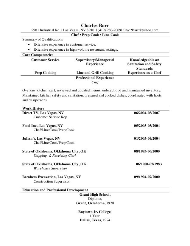 resume for cooks