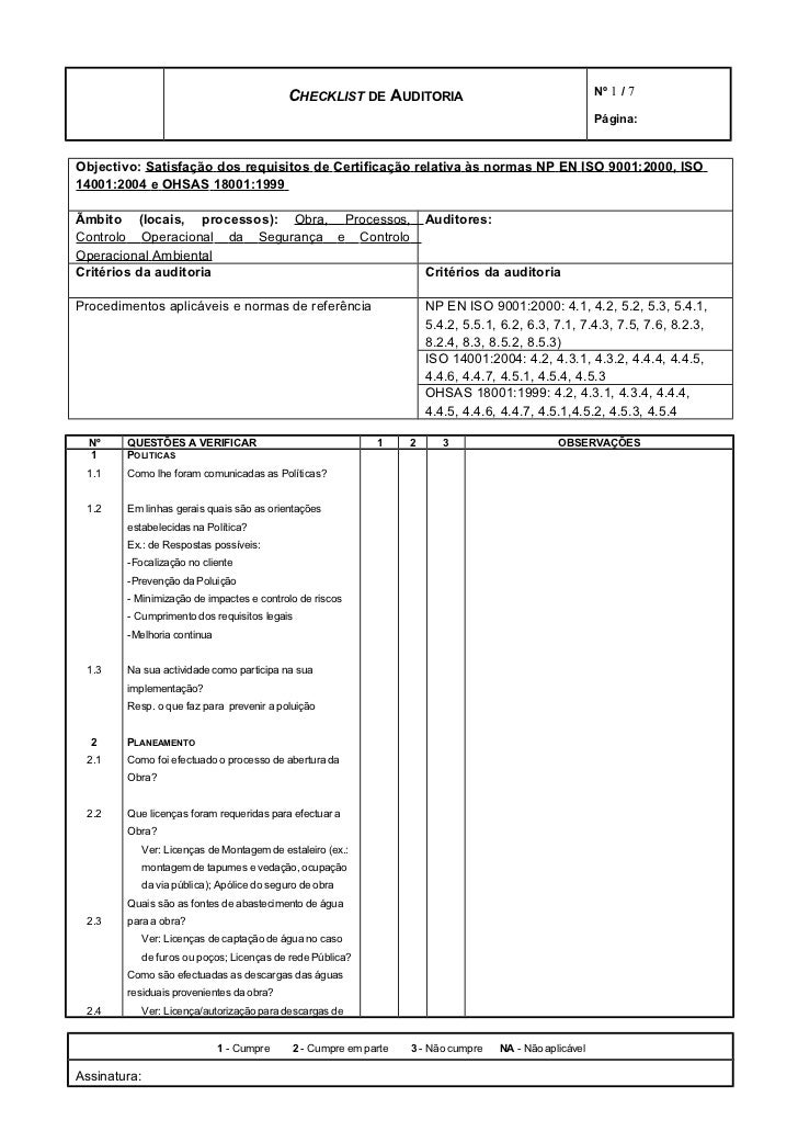 Check List Auditoria Ambiental Iso 14001