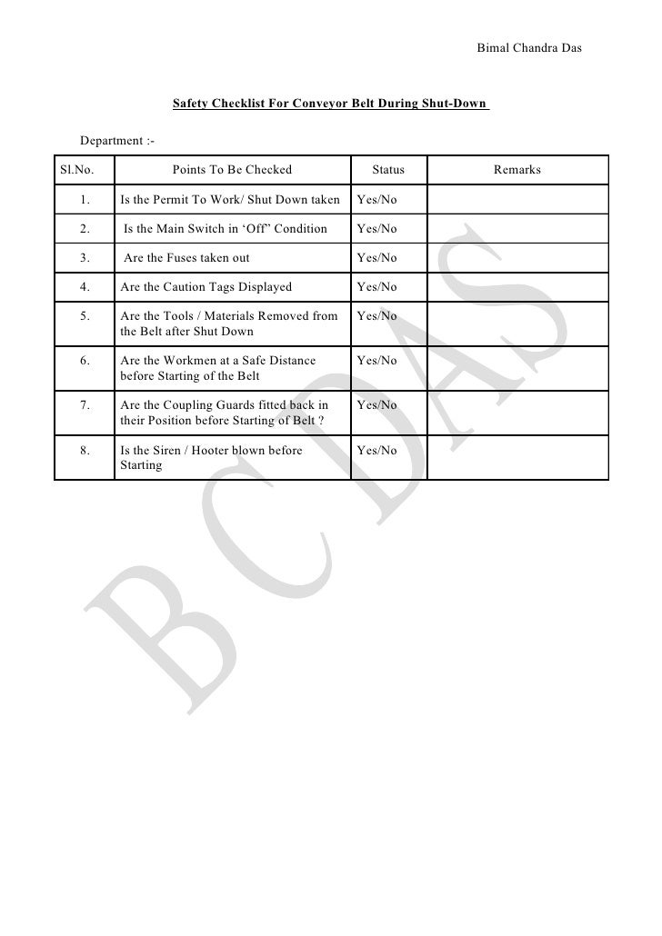 Check list for conveyor belt inspection, B C Das