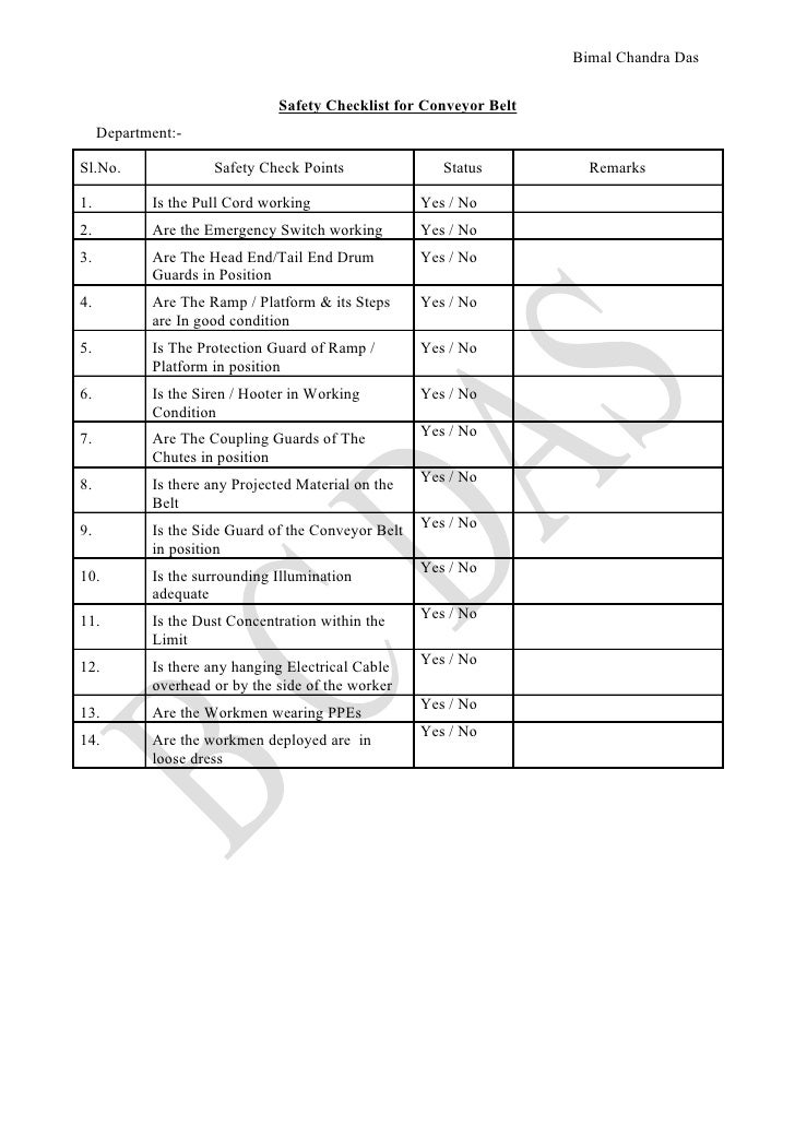 Check list for conveyor belt inspection, B C Das