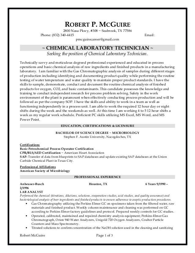 Resume chemical laboratory technician