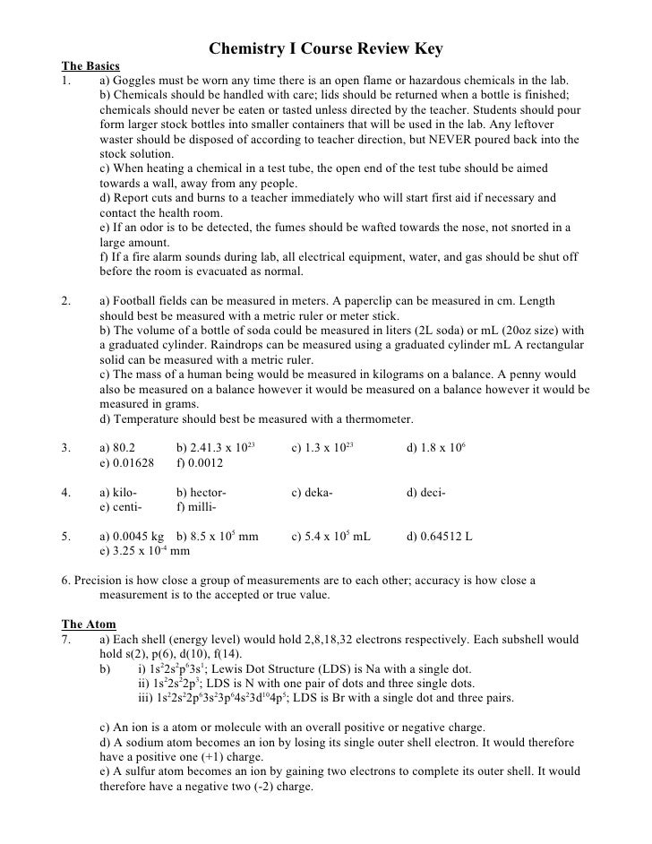 Chemistry Review Worksheet Answers