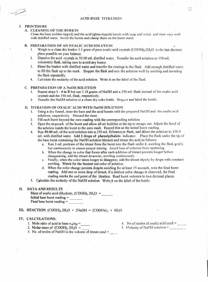 Chemistry Titration Lab Report Handout