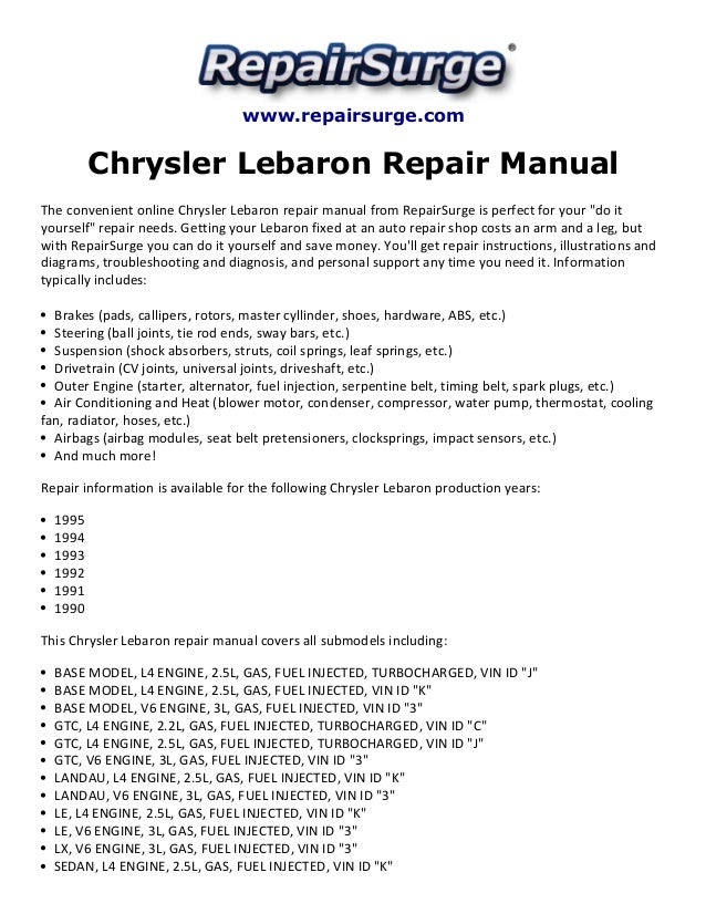 ... Repair ManualThe convenient online Chrysler Lebaron repair manual from