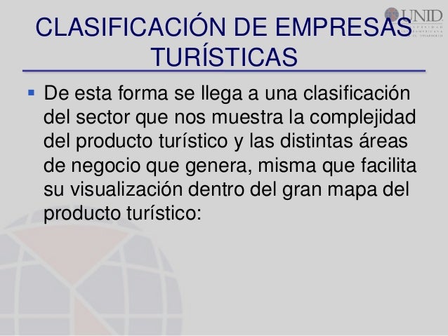 CLASIFICACIÓN DE EMPRESAS         TURÍSTICAS De esta forma se llega a una clasificación  del sector que nos muestra la co...