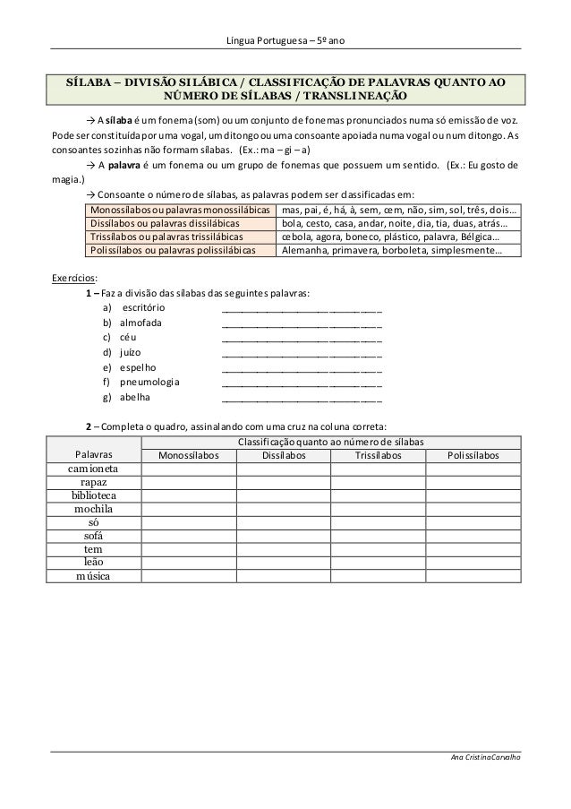 Classificação de palavras quanto ao nº de sílabas