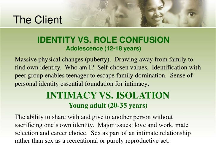 identity vs role confusion Cross-cultural investigation of the validity of erikson's theor y of personality developmen t rhona ochse and cornells plu g identity-formation versus identity-diffusion occurs in adolescence , and for intimacy versu s isolation in early adulthoo d (20-25 years. identity vs role confusion Cross-cultural investigation of the validity of erikson's theor y of personality developmen t rhona ochse and cornells plu g identity-formation versus identity-diffusion occurs in adolescence , and for intimacy versu s isolation in early adulthoo d (20-25 years.