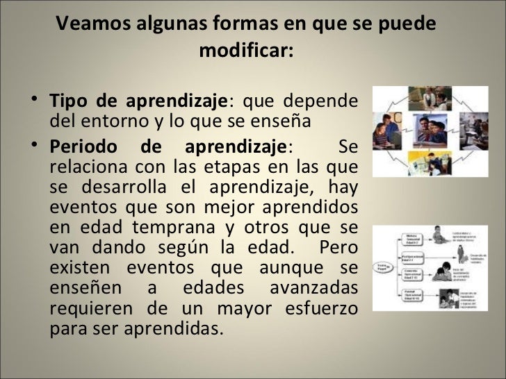 Veamos algunas formas en que se puede modificar: <ul><li>Tipo de aprendizaje : que depende del entorno y lo que se enseña ...