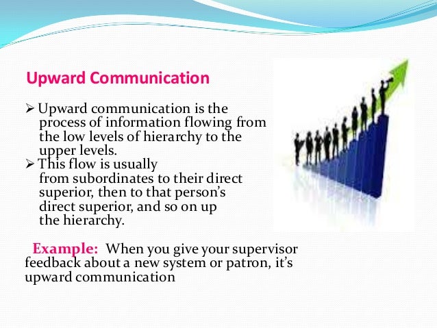 the hierarchy in the flow of communication Downward communication occurs when information and messages flow down through an organization's formal chain of command or hierarchical structure in other words, messages and orders start at the upper levels of the organizational hierarchy and move down toward the bottom levels. the hierarchy in the flow of communication Downward communication occurs when information and messages flow down through an organization's formal chain of command or hierarchical structure in other words, messages and orders start at the upper levels of the organizational hierarchy and move down toward the bottom levels.