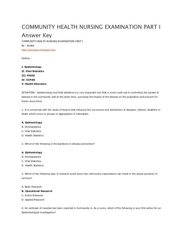 Community health nursing examination part i answer key