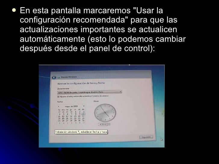 <ul><li>En esta pantalla marcaremos "Usar la configuración recomendada" para que las actualizaciones importantes...