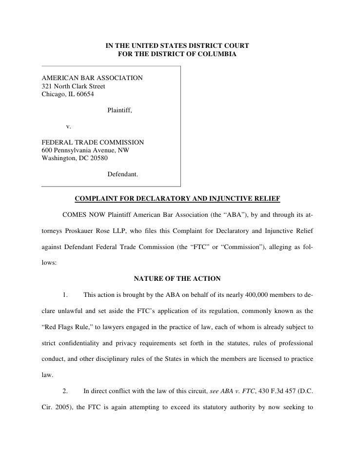 Complaint American Bar Association V Federal Trade Commission Complaint American Bar Association V Federal Trade Commission