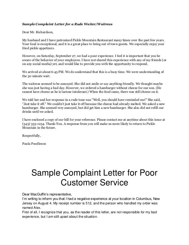 letter complaint sample for bad service