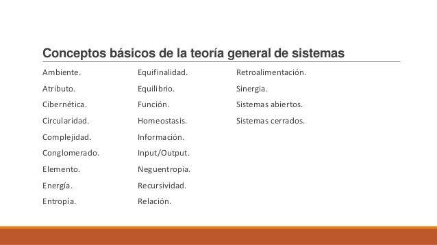 Conceptos básicos de la teoría general de sistemas
Ambiente. Equifinalidad. Retroalimentación.
Atributo. Equilibrio. Siner...