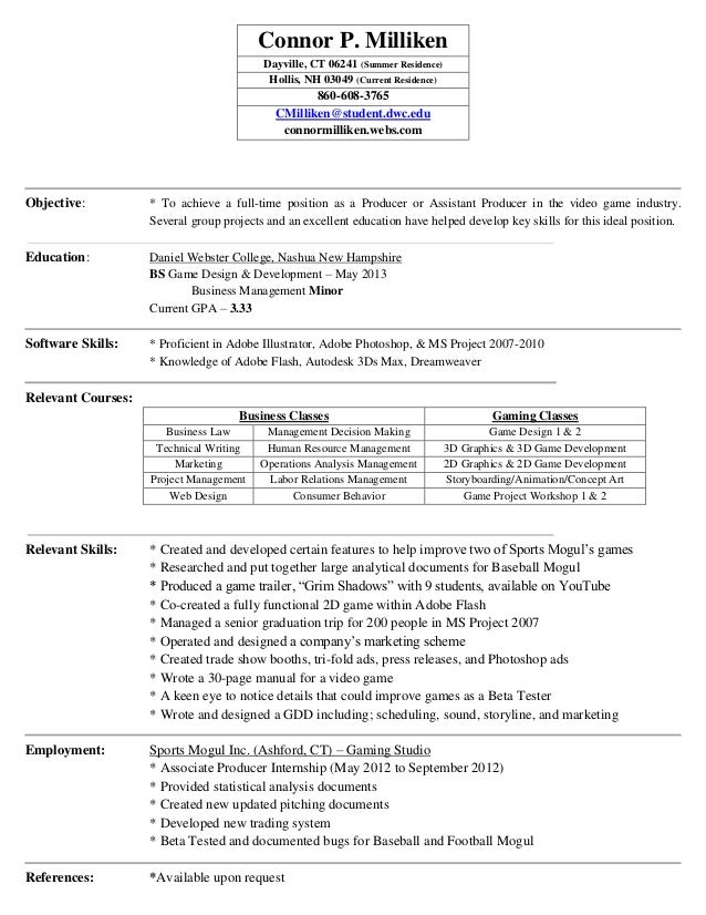 resume for video game designer