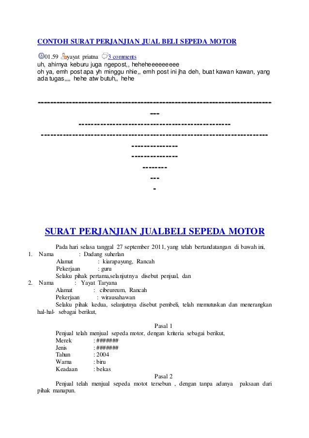 Contoh surat perjanjian jual beli sepeda motor Contoh surat perjanjian jual beli sepeda motor